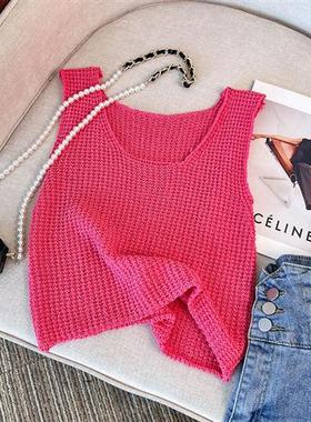 夏季外穿辣妹针织设计感短款无袖红色新款小众吊带针织衫背心上衣