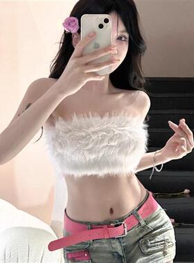 韩版甜美少女毛毛白色超短抹胸裹胸露背上衣性感辣妹外出上衣女