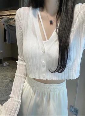 新款夏季薄款白色针织开衫女外搭防晒高腰短款上衣冰丝小外套
