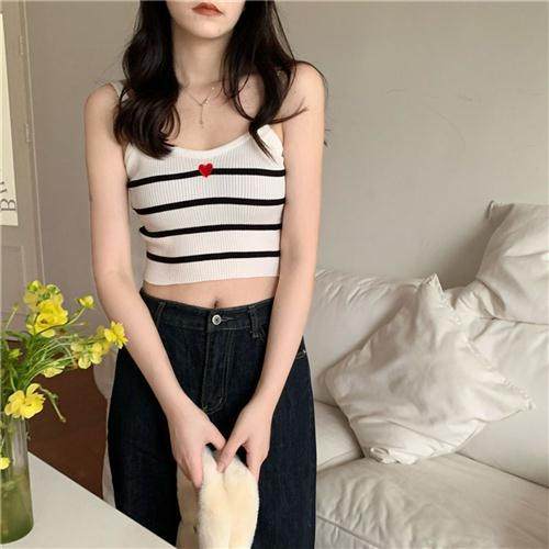 外穿薄款爱心刺绣条纹吊带背心针织2024夏季新款甜美显瘦短款上衣
