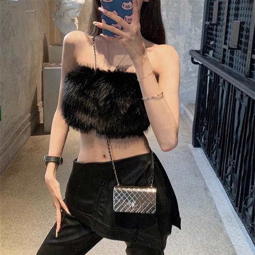 美式甜酷性感毛毛抹胸新款秋季秋冬设计短款外穿背心毛绒打底上衣