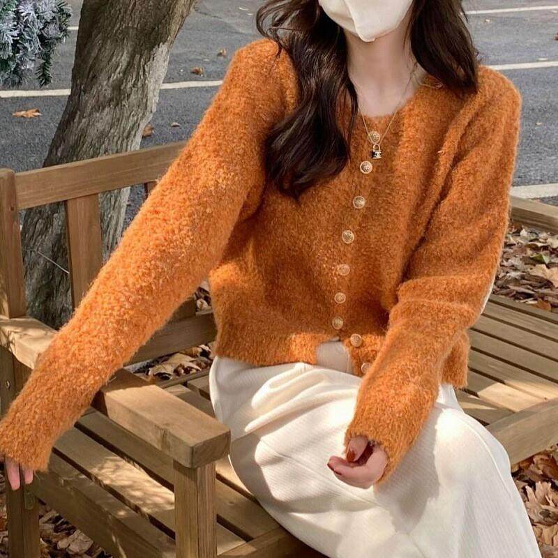 温柔风软糯毛衣开衫女外套秋冬百搭显瘦复古圆领宽松上衣慵懒外穿