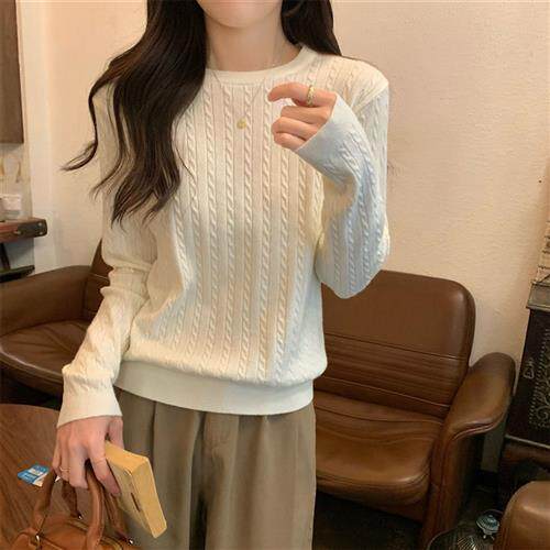 韩版杏色麻花针织衫女装春季设计感纯色毛衣宽松套头内搭长袖上衣