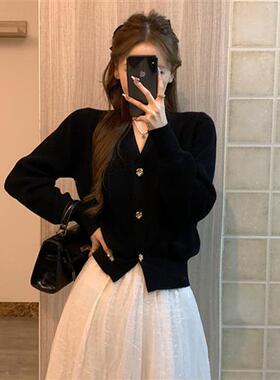 秋季黑色修身收腰毛衣开衫外套女针织气质温柔领小香风上衣