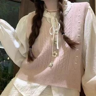 甜美风小清新花朵领针织马甲女春秋新款韩版学院风外搭毛衣背心