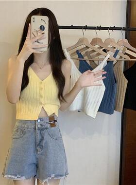 夏季黄色吊带女领蹦迪夜店风短款背心纯色百搭挂脖上衣网红潮