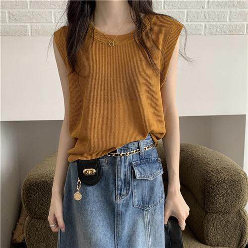 韩版圆领无袖针织T恤女夏季2024新款设计感小众性感内搭外穿上衣