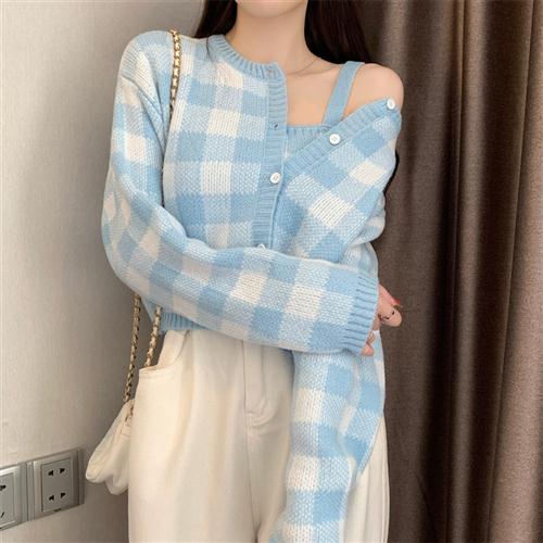 2023新款韩版洋气毛绒长袖针织衫+打底吊带套装女春秋两件套上衣