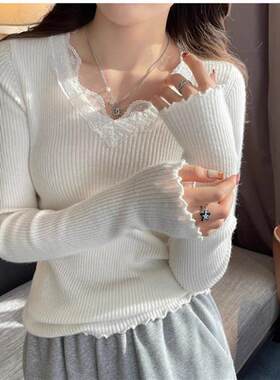 低领蕾丝针织衫设计感内搭毛衣女新款春秋冬季领纯色打底衫