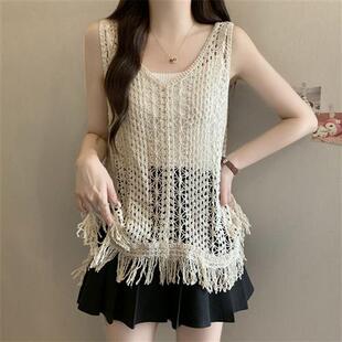 流苏缕空针织吊带背心女大码胖夏季甜辣妹百搭无袖罩衫上衣外穿