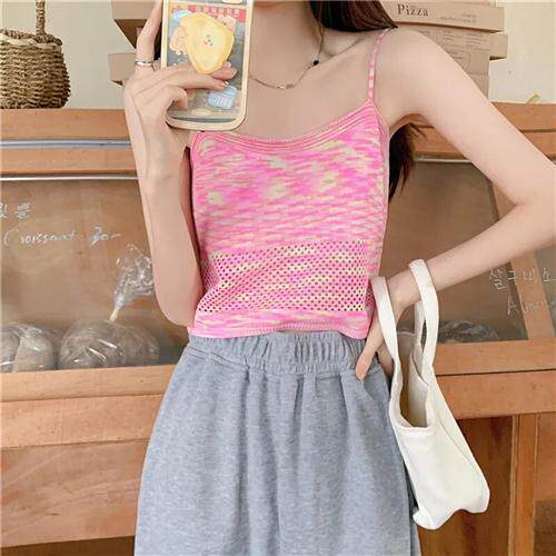 夏季针织打底上衣性感透气甜辣背心显瘦内搭镂空复古花色小吊带女