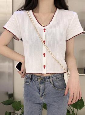 夏季新款V领短袖白色显瘦T恤短款针织衫修身小清新矮个子短款上衣
