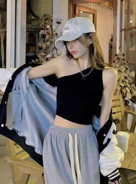 ins秋季酷黑色港风性感斜肩不规则吊带挂脖上衣针织弹力洋气背心