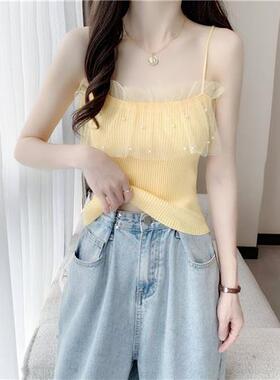 蕾丝针织黑色吊带女夏季新款法式背心纯欲美背外穿短款无袖上衣潮