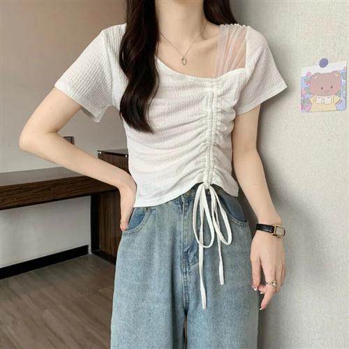 别致新款辣妹短袖T恤女夏季修身设计感抽绳网纱气质高腰短款上衣