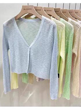 冰丝开衫长袖夏季黑色薄款针织衫外搭短款空调衫防晒衣披肩上衣女