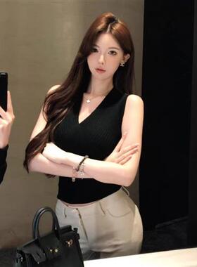 夏季厂家直销韩系设计感交叉领修身无袖针织衫女夏外穿短款上衣