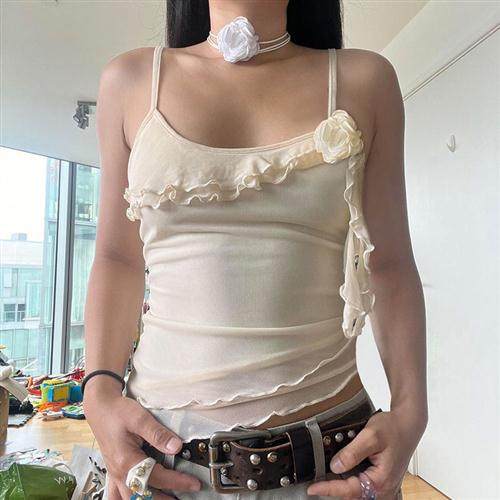 立体花朵少女感双层波浪边吊带气质法式复古针织衫辣妹纯欲风上衣