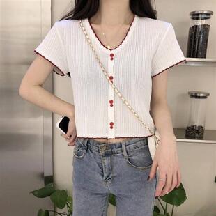 夏季新款V领短袖白色显瘦T恤短款针织衫修身小清新矮个子短款上衣