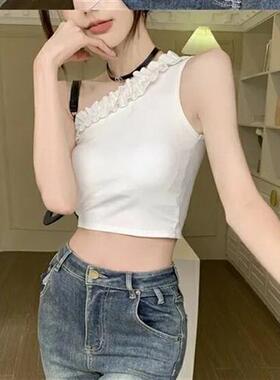 黑色单肩吊带背心女夏季纯欲斜肩设计感内搭外穿短款无袖外穿上衣