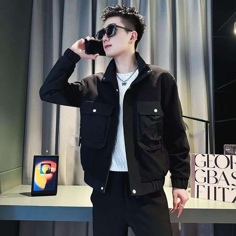 立领工装夹克男士修身多口袋拉链外套痞帅高级感黑色休闲上衣