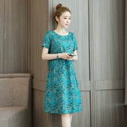 Váy cotton và vải lanh phong cách dân tộc 2019 mùa hè mới của phụ nữ vải lanh ngắn tay một chiếc váy chữ in rộng vừa phải - A-Line Váy