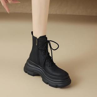 简约不简单真皮圆头厚底系带马丁靴女百搭2025流行增高小短靴8CM