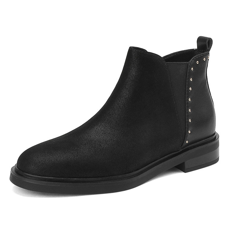 STUDDED SHORT CHELSEA BOOTS WOMENS FLAT ROUND TOE GENUINE VINTAGE SIDE ZIPPER LOW HEEL FRENCH BOOTIES ANKLE BOOTS