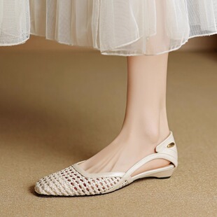 2025夏新款绝美真皮编织镂空包头凉鞋女配裙子法式复古平底单鞋女