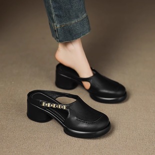 高跟踩屎感凉拖 外穿厚底穆勒鞋 巨好穿软羊皮真皮包头半拖鞋 女夏季