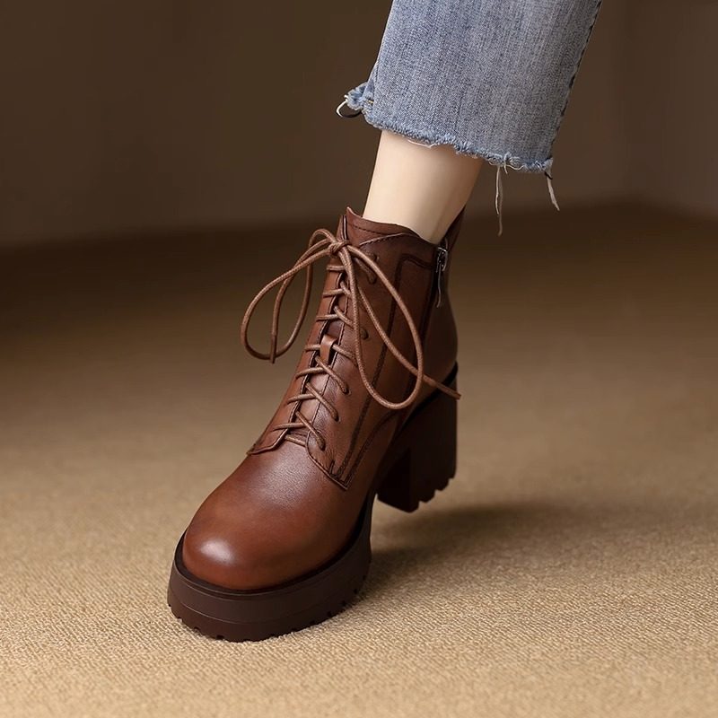 小个子2024秋冬高跟复古马丁靴女2025秋冬新款真皮厚底防水台短靴,女鞋,马丁靴,淘宝优惠券,粉丝福利购,淘宝优惠卷