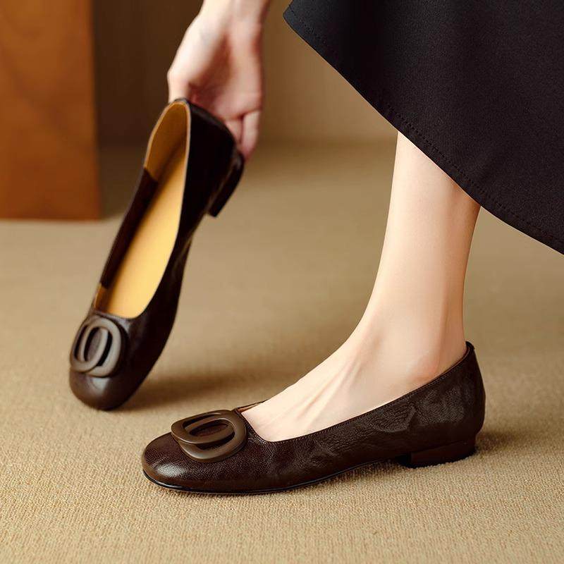 2025春新款真皮方头棕色浅口气质平底单鞋女配裙子方扣高级奶奶鞋,女鞋,浅口单鞋,淘宝优惠券,粉丝福利购,淘宝优惠卷