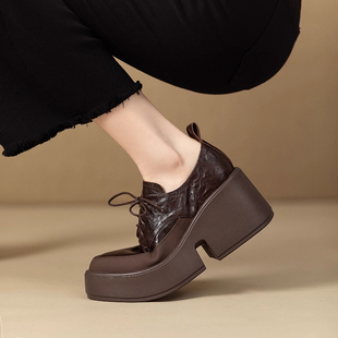 羊皮小个子增高松糕厚底尖头粗跟单鞋女春秋系带小皮鞋复古高跟鞋