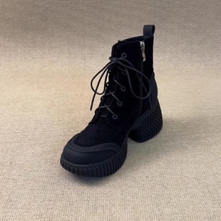 8cm增高厚底软羊皮小个子短靴秋冬款 复古圆头侧拉链系带马丁靴女