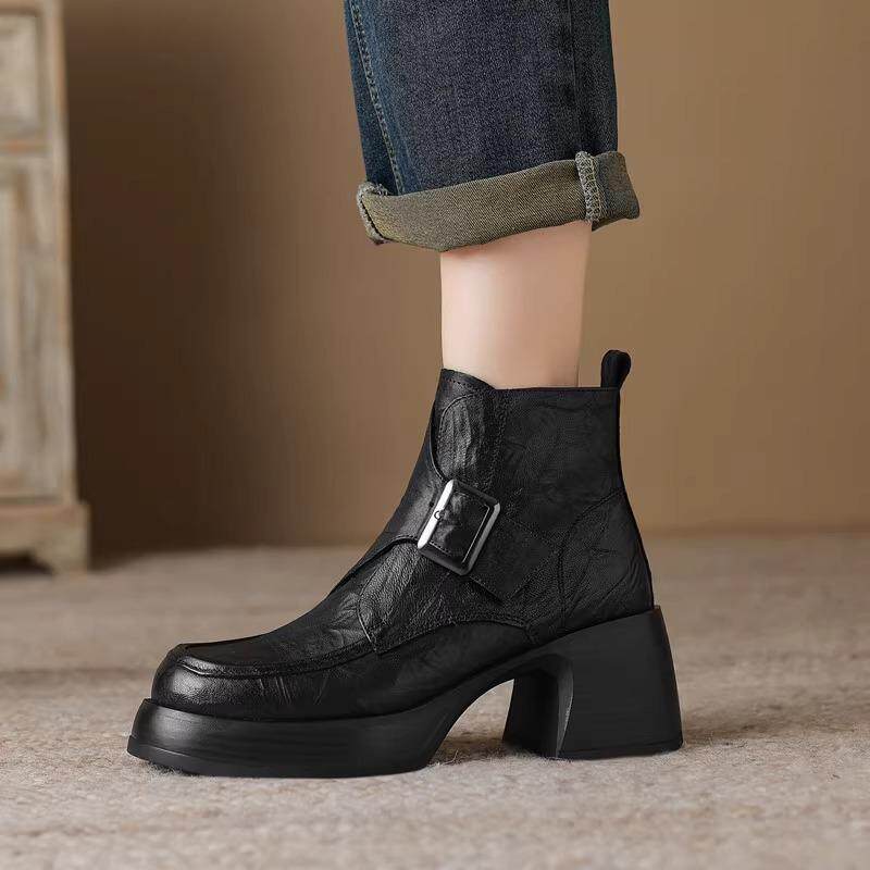 6.5cm秋季小个子增高厚底圆头粗跟短筒靴女秋季真皮皮带扣高跟靴