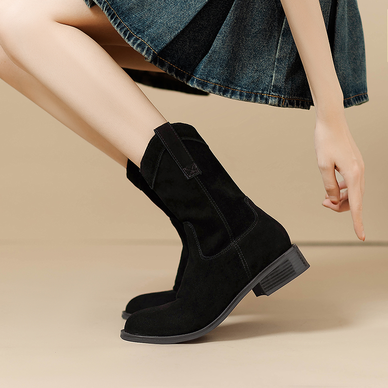 套筒瘦瘦靴棕色绒面英伦西部靴