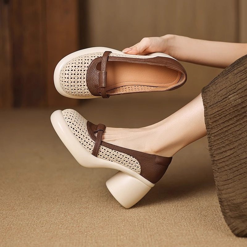 厚底真皮镂空包头单鞋女透气软羊皮编织法式防水台小个子增高跟鞋,女鞋,洞洞鞋,淘宝优惠券,粉丝福利购,淘宝优惠卷