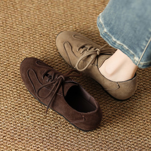 女 休闲通勤乐福鞋 复古风绒面德训鞋 女圆头系带软底百搭英伦风单鞋