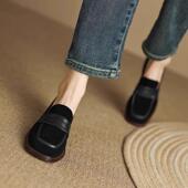 女英伦风百搭方头粗跟中跟磨砂单鞋 巨软法式 复古真皮一脚蹬乐福鞋