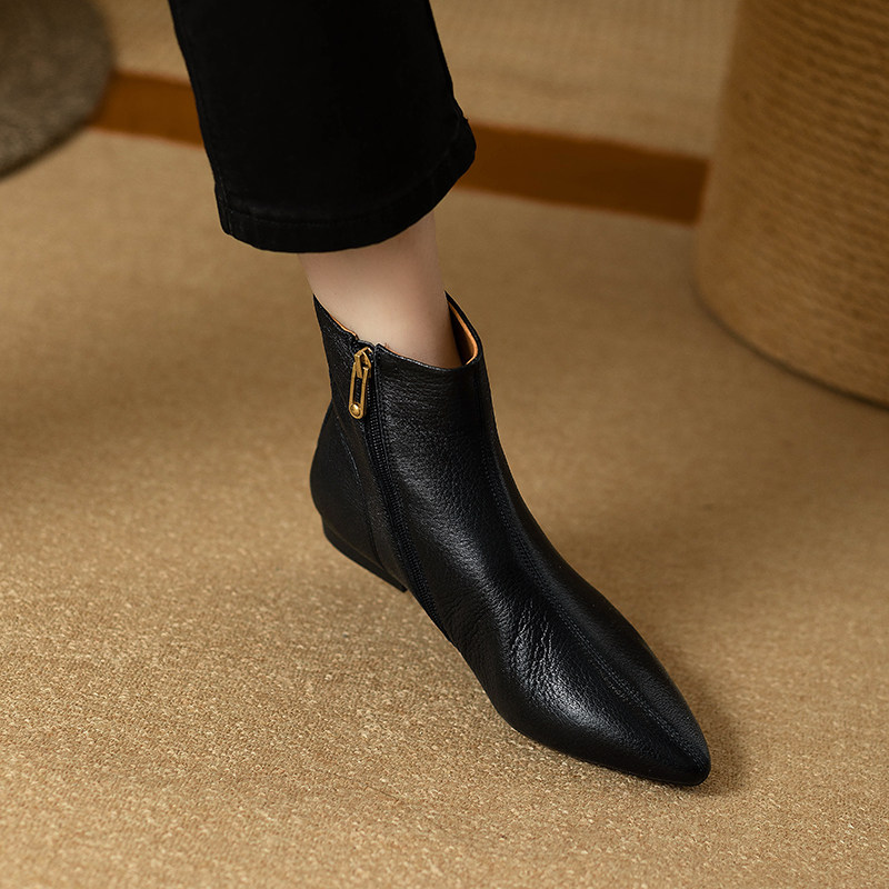 短靴女靴春秋单靴尖头低跟平底靴真皮软底羊皮侧拉链冬季加绒软皮