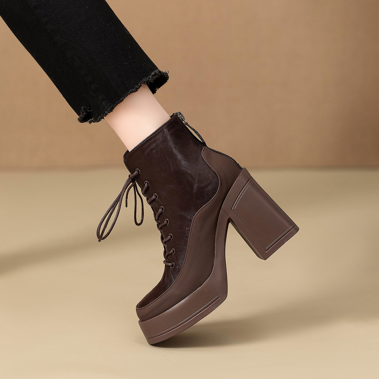 小个子厚底马丁靴女真皮粗跟瘦瘦靴2025新款秋季超高跟防水台短靴