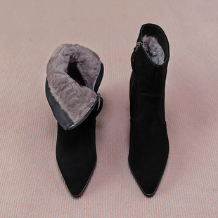 皮毛一体女鞋冬季尖头保暖加绒加厚纯羊毛高跟粗跟短靴女靴棉鞋子