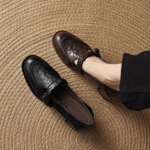 羊皮编织粗跟一脚蹬通勤乐福鞋