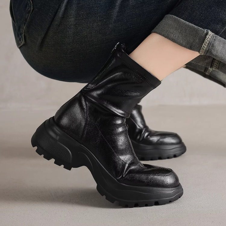 6cm运动风~时光荏苒新款真皮短靴女春秋单靴小个子厚底弹力瘦瘦靴,女鞋,马丁靴,淘宝优惠券,粉丝福利购,淘宝优惠卷