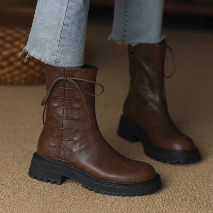 小众英伦风2025秋冬新款真皮圆头厚底马丁靴短靴女靴子瘦瘦靴女靴,女鞋,马丁靴,淘宝优惠券,粉丝福利购,淘宝优惠卷