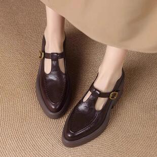 粗跟真皮百搭松糕鞋 浅口一字扣玛丽珍鞋 女2026年新款 尖头厚底单鞋