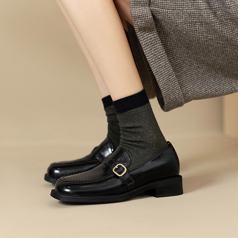 2025春秋皮带扣一脚蹬乐福鞋单鞋女英伦复古风方头真皮百搭小皮鞋,女鞋,乐福鞋（豆豆鞋）,淘宝优惠券,粉丝福利购,淘宝优惠卷