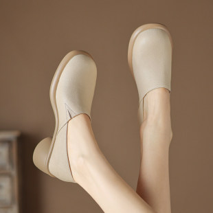 7cm不累脚软羊皮厚底粗跟深口单鞋 女 女真皮复古简约ol通勤小皮鞋