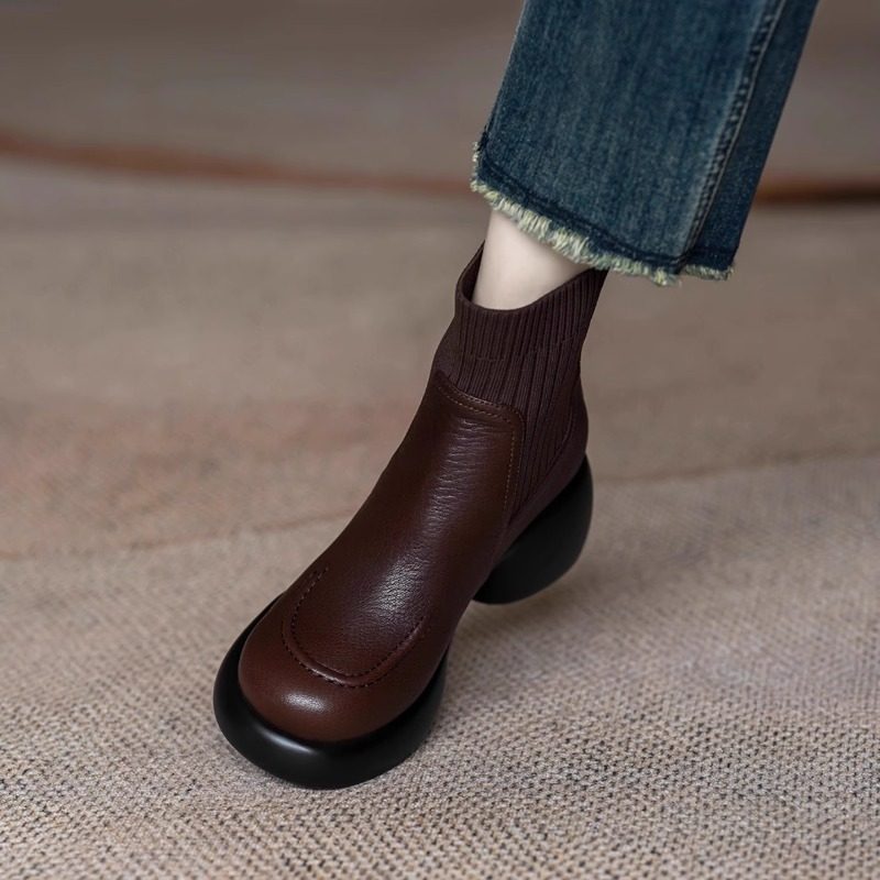 巨软法式复古真皮厚底粗跟短靴女不累脚毛线口瘦瘦靴拼接弹力袜靴,女鞋,马丁靴,淘宝优惠券,粉丝福利购,淘宝优惠卷