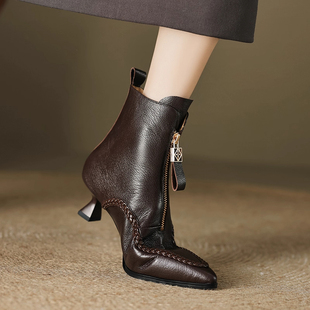 设计感小众编织小羊皮前拉链及裸鞋法式尖头小跟高跟短筒马丁靴女